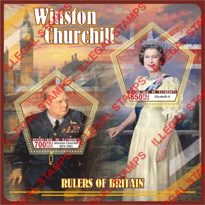 Djibouti 2018 Winston Churchill and Rulers of Britain Illegal Stamp Souvenir Sheet of 2 Djibouti 2018 Winston Churchill and Rulers of Britain Illegal Stamp Souvenir Sheet of 2